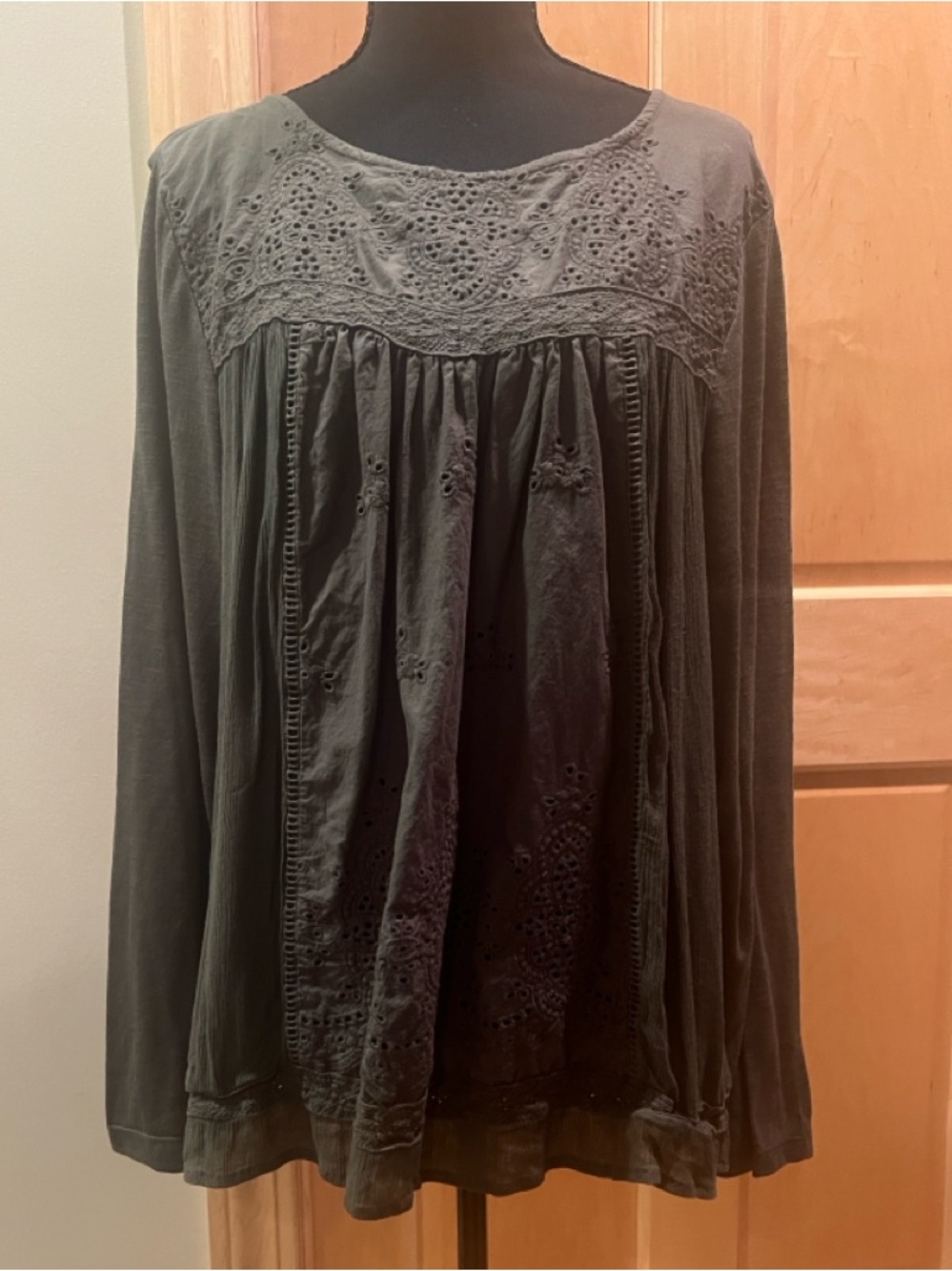 Knox Rose Womens Boho Chic Olive Green Eyelet Long Sleeve Blouse Top Peasant XXL